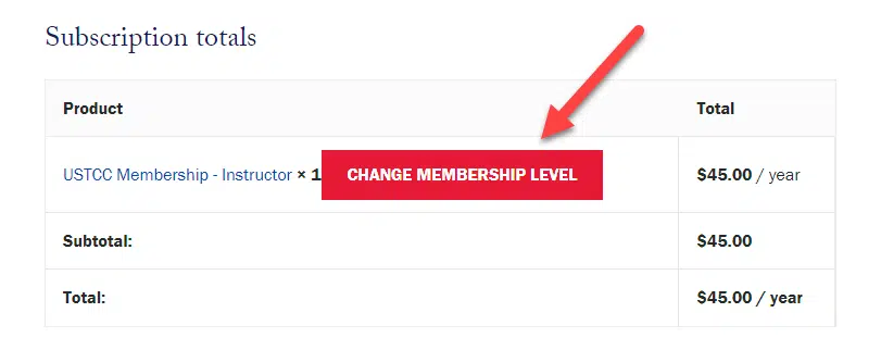 User interface highlighting change membership level button